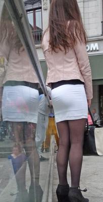 So sexy candid in white miniskirt and black nylons