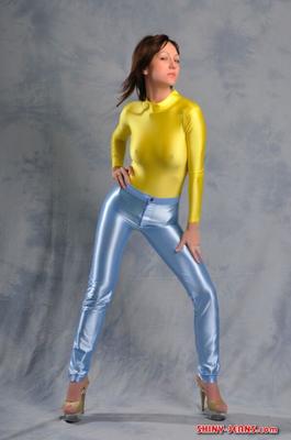 Kira in Shiny Silver and Yellow Spandex