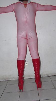 Red fishnet bodysuit with high heels boots