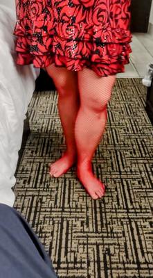 Wife in red dress & fishnet pantyhose for NL Comments & Use