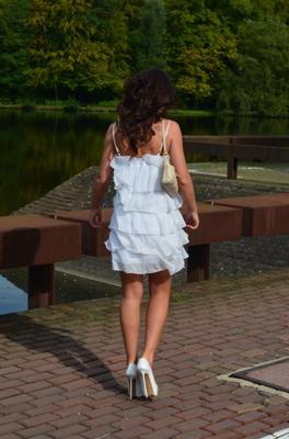 Julie In Short White Dress & White Platform High Heel Pumps