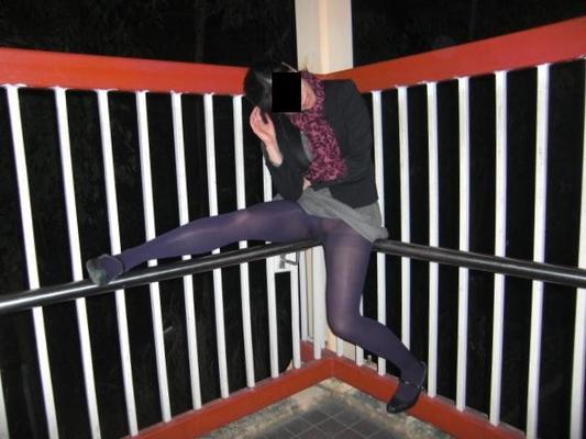 exposed purple pantyhose on the street