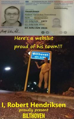 Robert Hendriksen desnudo frente al cartel de Bilthoven