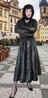 Leather trenchcoat, fishnets and high heels