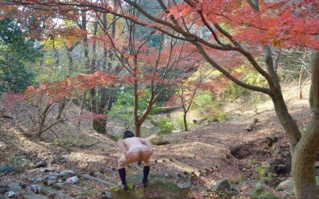 公園でアナルプラグと貞操を備えた展示