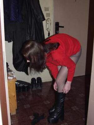 red sweater and black pantyhose