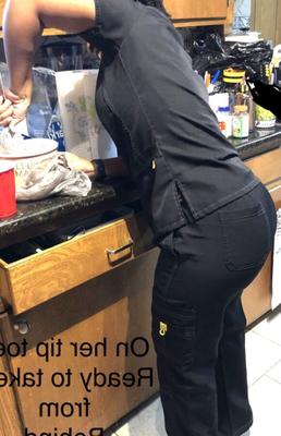 Petite ebony friend in black scrubs showing her little onion ass