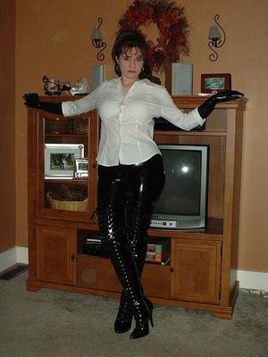 info wanted - fetish wear - thigh length boots - brunette