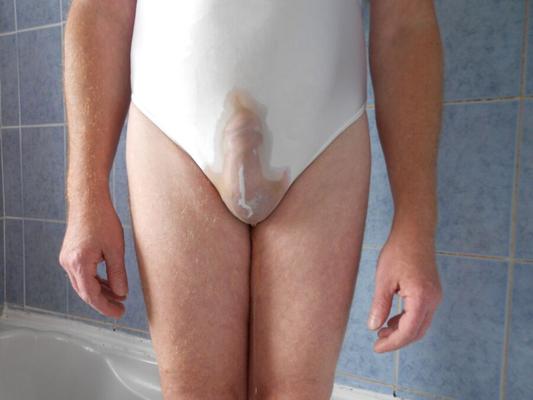 Having a pee and shower in my white swimsuit