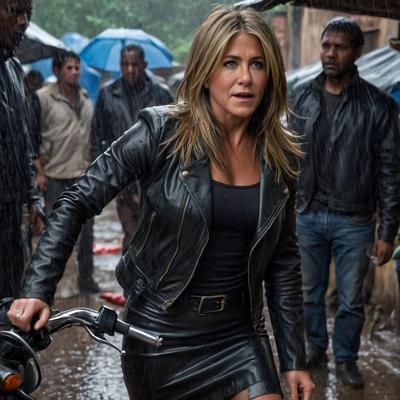 K.I. Jennifer Aniston in Leder im Slummer